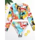 Long Sleeve Print Zipper Wetsuit High-Waisted Split Rash Guards