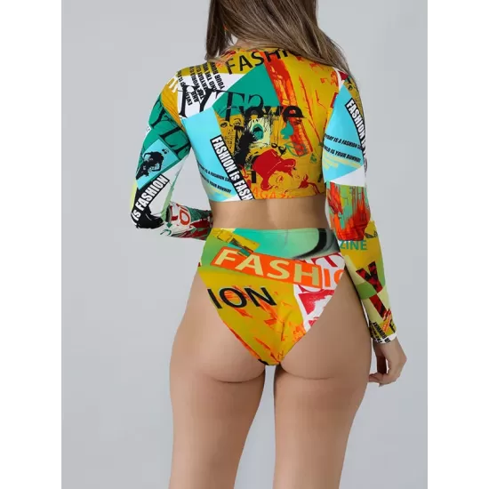 Long Sleeve Print Zipper Wetsuit High-Waisted Split Rash Guards