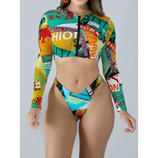 Long Sleeve Print Zipper Wetsuit High-Waisted Split Rash Guards