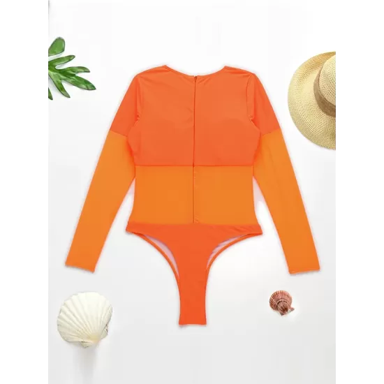 Solid Color See-Through Gauze Split-Joint Long Sleeve One-Piece Wetsuit