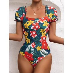 Square-Neck Puff Sleeves Floral Sexy Slim Fashin One-Piece Wetsuit Swimwear