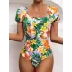 Square-Neck Puff Sleeves Floral Sexy Slim Fashin One-Piece Wetsuit Swimwear