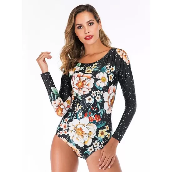 Floral Printed Zipper One Piece Wetsuit