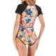 Floral-Print Split-Joint Short Sleeve One-Piece Wetsuit