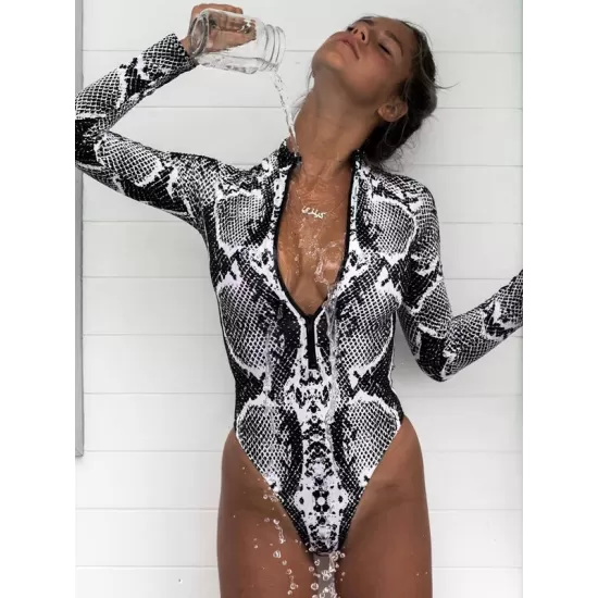 Animal Print High-Neck Zipper Long Sleeve One-Piece Wetsuit