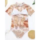 Short Sleeve Floral Mesh Three Pieces Bikini Swimwear