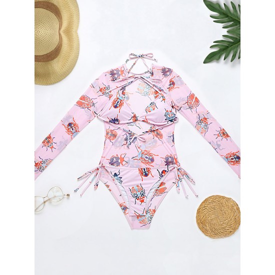 Long Sleeve Floral Mesh Three Pieces Bikini Swimwear