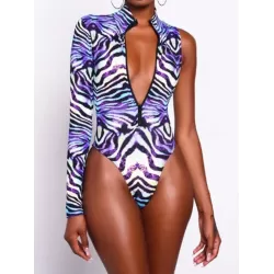 Stripe Print One-Shoulder Long Sleeve Zipper One-Piece Swimwear