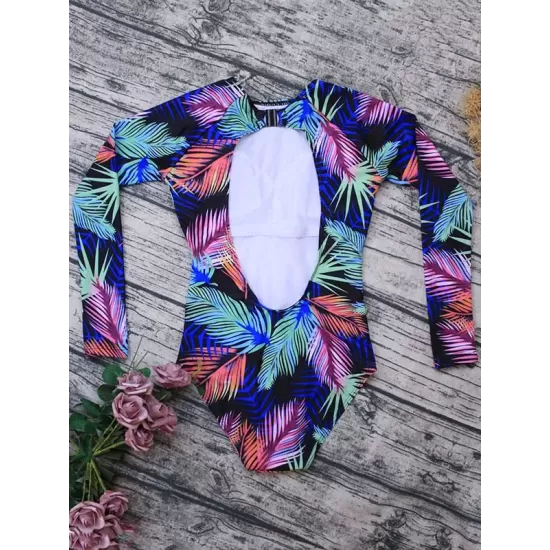 Sexy One-Piece Swimwear Backless Floral Long Sleeve Rash Guards