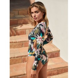 One-Piece Long Sleeve Deep V-Neck Floral Printed Backless Wetsuit