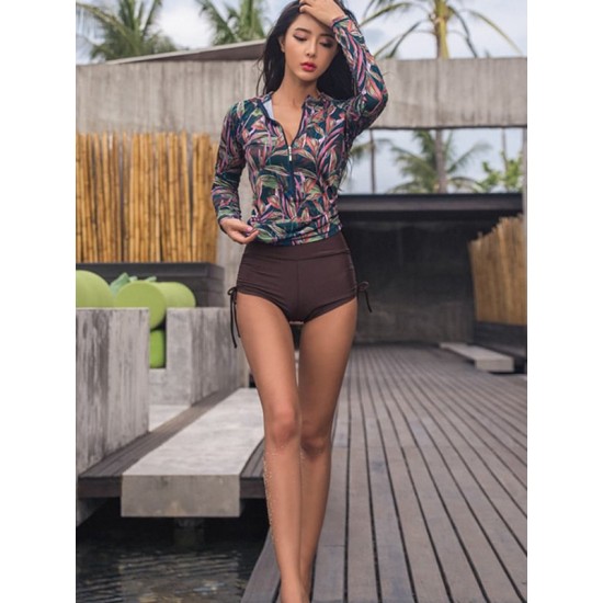 Floral Zipper Long Sleeve High-Waisted Split Wetsuit Swimwear