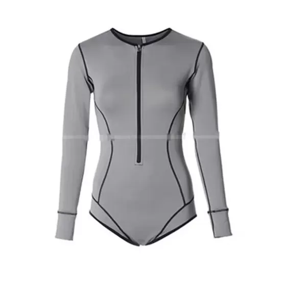 Split-Joint Long Sleeve Front Zipper Solid Color One-Piece Rash Guard Swimwear