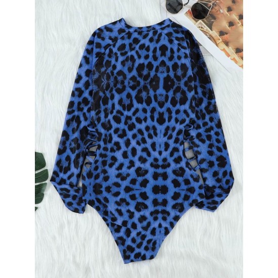 Belly-Hollow V-Neck Long Sleeve Leopard One-Piece Wetsuit Swimwear