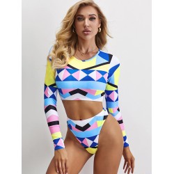 Geometric Print Round-Neck Padded High-Waisted Long Sleeve Wetsuit Swimwear