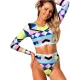 Geometric Print Round-Neck Padded High-Waisted Long Sleeve Wetsuit Swimwear