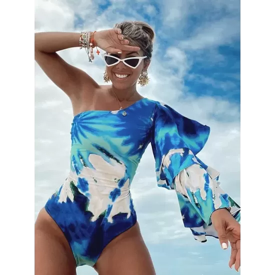 Tie-Dyed One-Shoulder Long Sleeve Fluffy One-Piece Wetsuit Swimwear