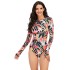 Round-Neck Long Sleeve Leaves Print Zipper Sexy Slim Rash Guards Swimwear