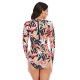 Round-Neck Long Sleeve Leaves Print Zipper Sexy Slim Rash Guards Swimwear