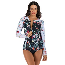 Zipper Contrast Color Floral Print Slim Surfing One-Piece Wetsuit Swimwear