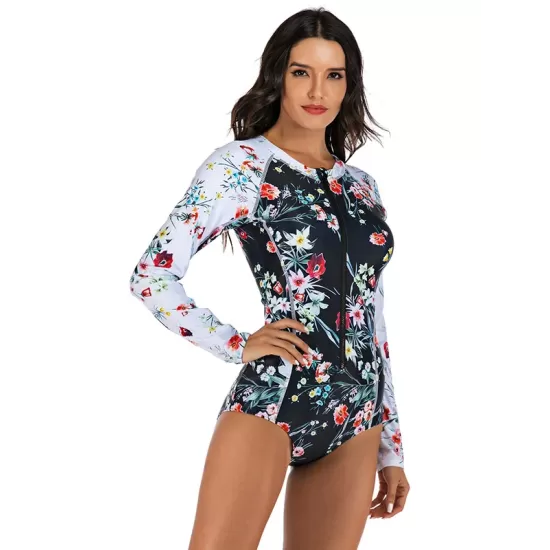 Zipper Contrast Color Floral Print Slim Surfing One-Piece Wetsuit Swimwear