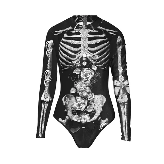 Halloween Skeleton 3D&Floral Printed Long-Sleeves Wetsuit