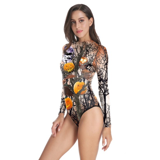 Halloween Pumpkin-Print Long-Sleeves Wetsuit