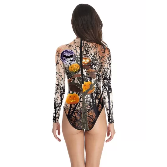 Halloween Pumpkin-Print Long-Sleeves Wetsuit