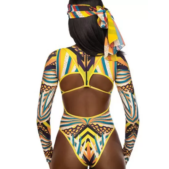 Long Sleeves Hollow Ethnic Printed Backless One-Piece Swimwear