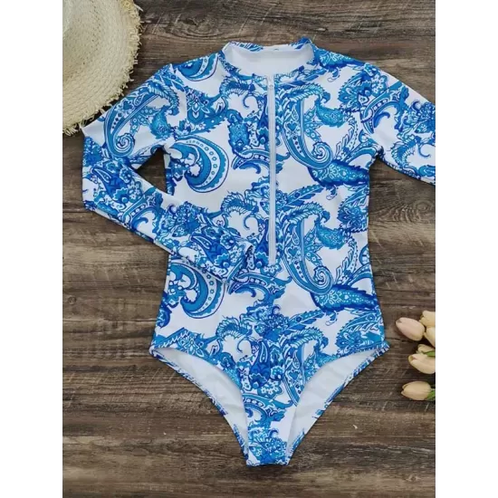 Long-Sleeves Floral Printed Zipper One-Piece Wetsuits