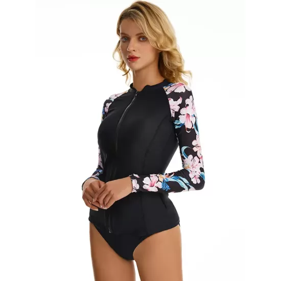 Long Sleeves Zipper Split-Joint Floral Printed One-Piece Wetsuits