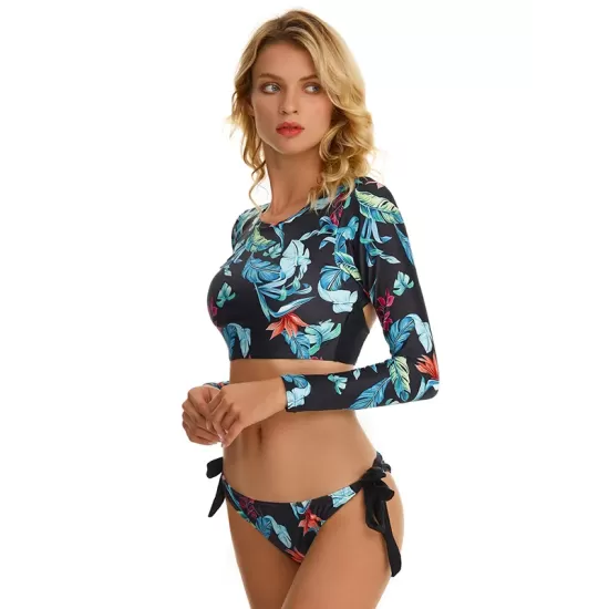 Floral Printed Long Sleeves Backless Bandage Split Wetsuits