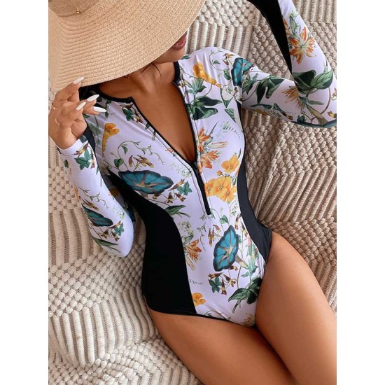 Long Sleeves Zipper Floral Printed Split-Joint One-Piece Wetsuits