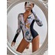 Long Sleeves Zipper Floral Printed Split-Joint One-Piece Wetsuits