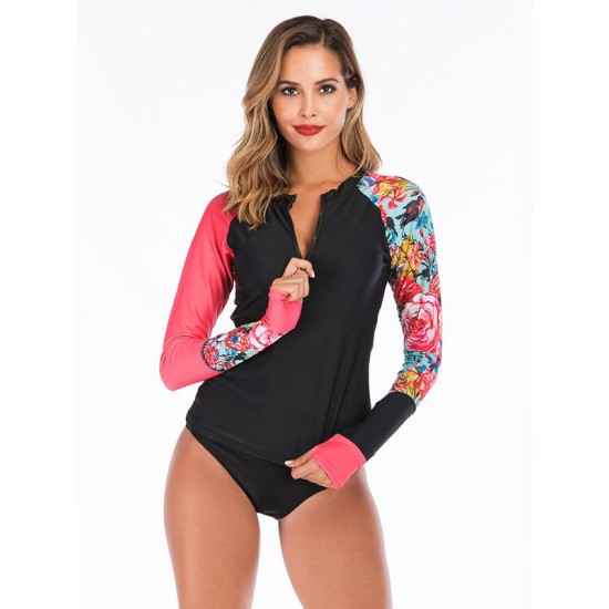 Zipper Floral Printed Two Pieces Wetsuit