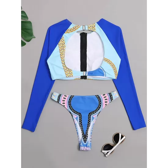 Floral Long Sleeve Zipper Backless Brazilian Wetsuit