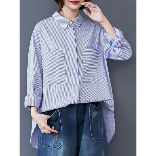 Loose Casual Striped Split-Joint With Pocket Lapel Collar Long Sleeves Blouse