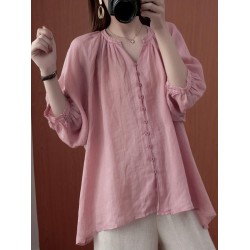 Simple Casual Solid Buttoned Pleated Blouse