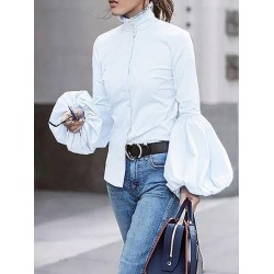 Urban Solid Color Stand Collar Puff Sleeves Blouse