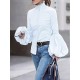 Urban Solid Color Stand Collar Puff Sleeves Blouse