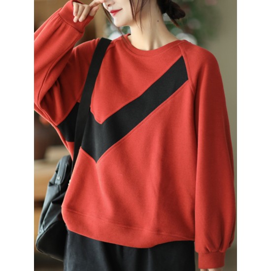 Original Loose Long Sleeves Contrast Color Split-Joint Round-Neck Hoodies&Sweatshirt Tops