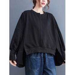 Simple Long Sleeves Loose Solid Color Round-Neck Hoodies&Sweatshirt Tops