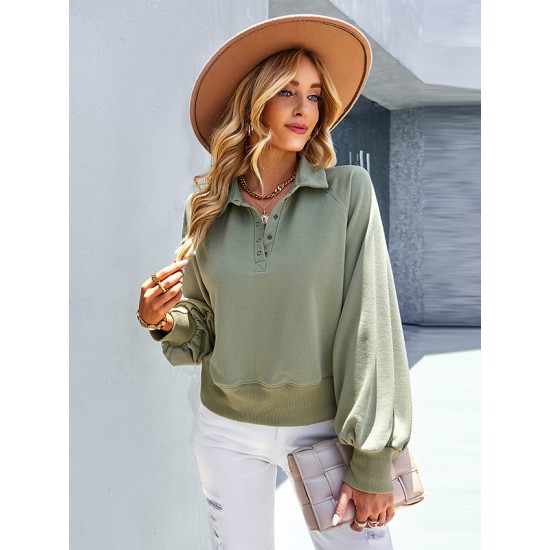 Simple Long Sleeves Loose Buttoned Solid Color Lapel Collar Hoodies&Sweatshirt Tops