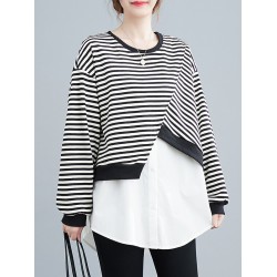 Original Long Sleeves False Two Striped Round-Neck Hoodies&Sweatshirt Tops