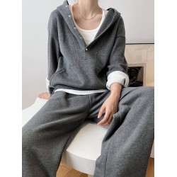 Loose Long Sleeves Split-Joint Hoodies + Elasticity Solid Color Pants Trousers Two Pieces Set