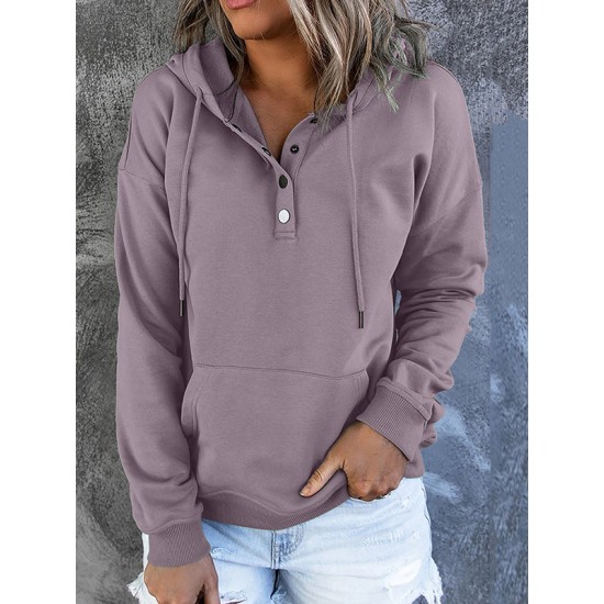 Drawstring Pockets Split-Joint Long Sleeves Loose Hooded Hoodies Tops