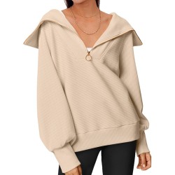 Solid Color Zipper Long Sleeves Loose Lapel Sweatshirt Tops