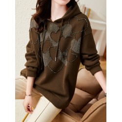 Drawstring Heart Print Rhine Stones Velvet Long Sleeves Loose Hoodies Tops