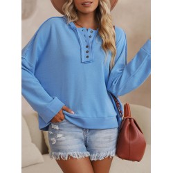 Buttoned Split-Joint Velvet Hooded Long Sleeves Sweatshirt Tops