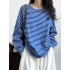 Contrast Color Striped Long Sleeves Loose Round-neck Sweatshirt Tops