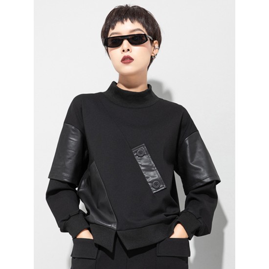 Thicken PU Split-Joint False-Two Asymmetric Sweatshirt